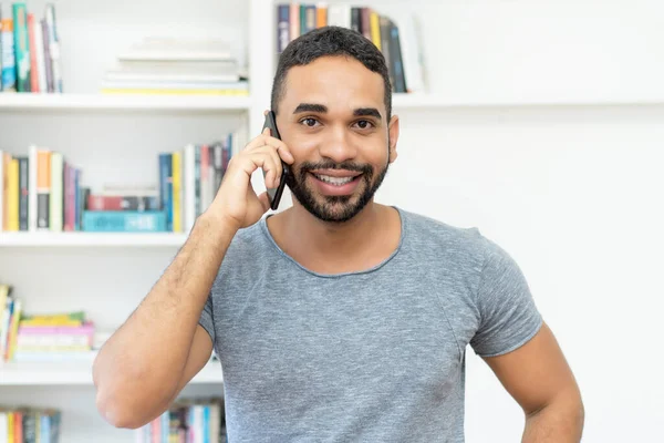Handsome Hispanic Hipster Man Beard Flirting Mobile Phone Indoors Home — Photo