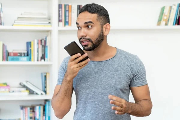 Hispanic Hipster Man Beard Sending Voice Meassage Mobile Phone Indoors — Photo