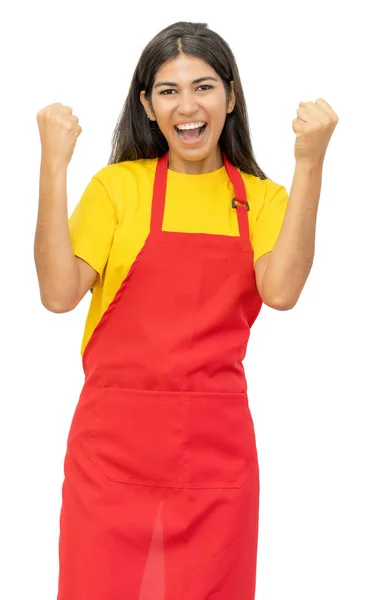 Cheering South American Waitress Isolated White Background Cut Out — ストック写真