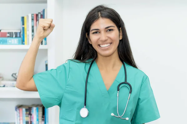 Happy Laughing South American Female Nurse Doctor Hospital — Foto Stock