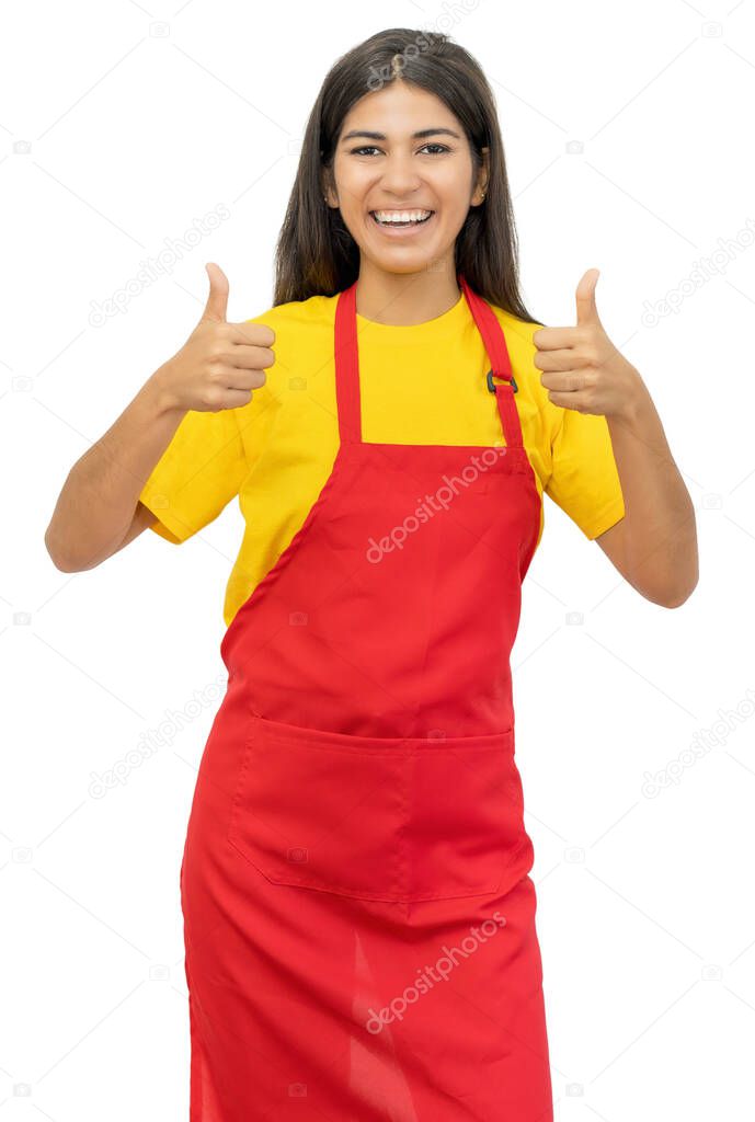 South american waitress showing both thumbs up isolated on white background for cut out