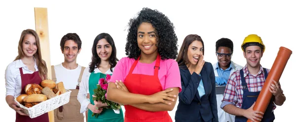 Beautiful Brazilian Waitress Group International Apprentices Isolated White Background Cut — Stockfoto