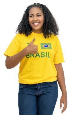 Optimistic brazilian female soccer fan isolated on white background for cut out
