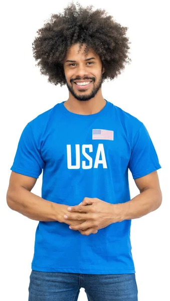 Laughing American Soccer Fan Jersey Flag Usa Isolated White Background — Φωτογραφία Αρχείου