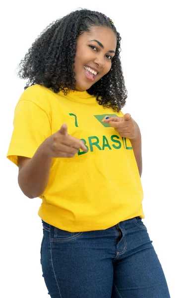 Beautiful Brazilian Female Soccer Fan Isolated White Background Cut Out — Stockfoto