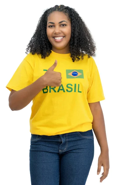 Optimistic Brazilian Female Soccer Fan Isolated White Background Cut Out — Stockfoto