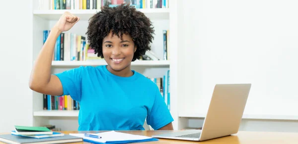 Successful African American Female Student Learning Computer Indoors Desk Home — Fotografia de Stock