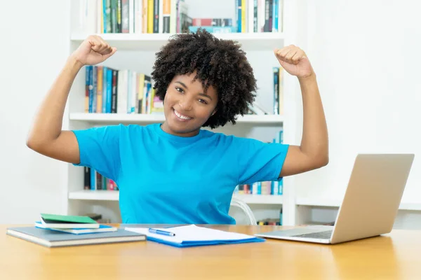 Cheering African American Female Student Computer Indoors Desk Home — Fotografia de Stock