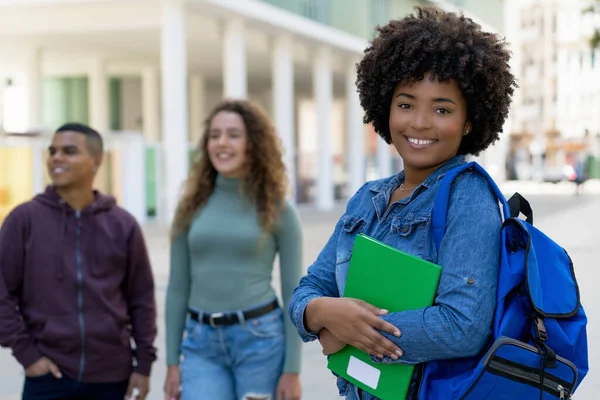 Laughing African American Female Student Backpack Group International Students Outdoor — ストック写真