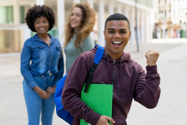 Successful Cheering Latin American Male Student Backpack Group International Students — Stock Photo, Image