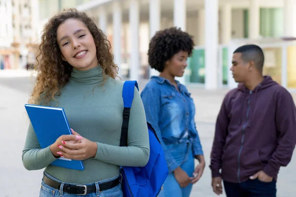 Pretty German Female Student Backpack Group International Students Outdoor City — Stock Photo, Image