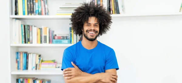 Handsome African American Hipster Man Amazing Hairstyle Indoors Home — Stockfoto