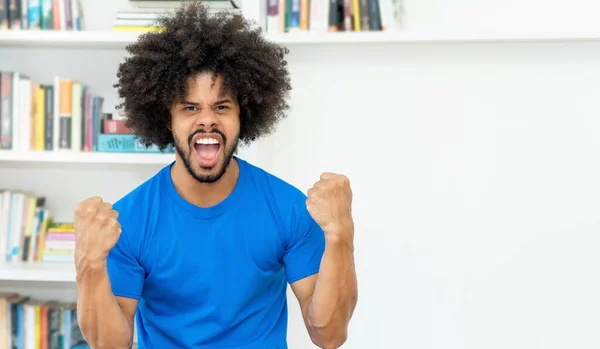 Cheering African American Hipster Man Amazing Hairstyle Indoors Home — Stockfoto
