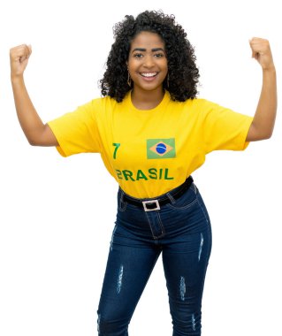 Cheering woman from Brazil loves football isolated on white background for cut out