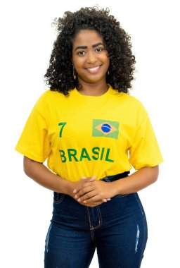 Laughing woman from Brazil loves football isolated on white background for cut out