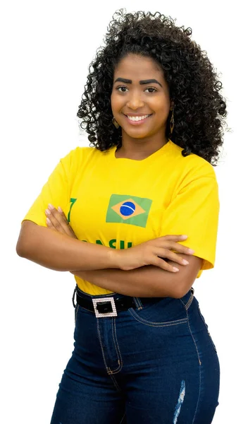 Beautiful Woman Brazil Loves Football Isolated White Background Cut Out — Stock Fotó