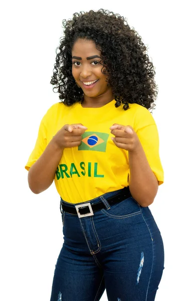 Pretty Woman Brazil Loves Football Isolated White Background Cut Out — 스톡 사진