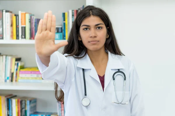 South American Female Doctor Stethoscope Gesturing Stop Hospital — Foto Stock