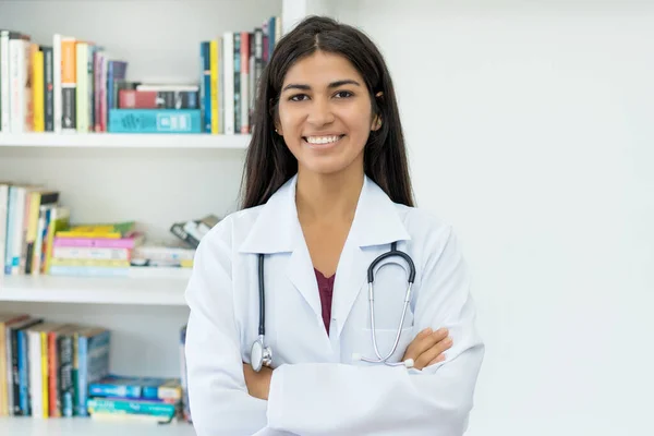 Laughing South American Female Doctor Stethoscope Hospital — Stockfoto