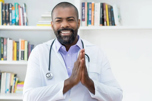 Cheerful Mature Adult African American Doctor Beard Stethoscope Office Hospital — Foto Stock