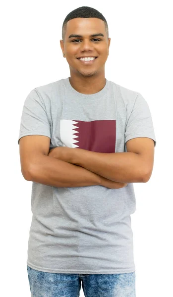 Cheerful Football Fan Flag Qatar Jersey Isolated White Background Cut — Stock fotografie