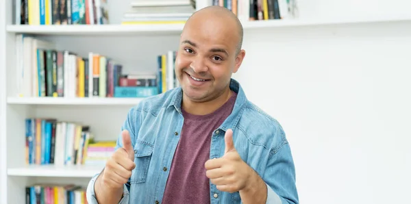 Happy Bald Mature Adult Man Showing Thumbs Indoors Home — Φωτογραφία Αρχείου