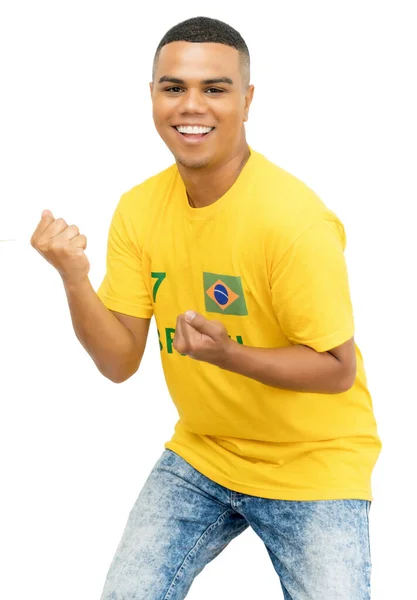 Cheering Brazil Foorball Fan Sárga Mez Elszigetelt Fehér Háttér Kivágott — Stock Fotó