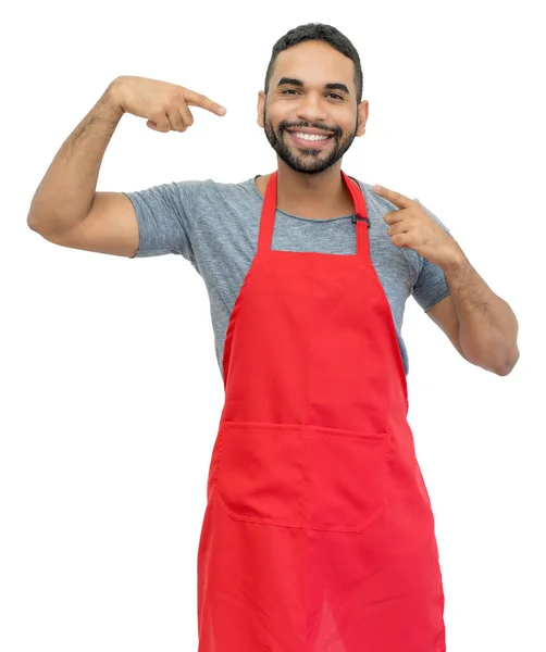 Empregado Latino Americano Motivado Garçom Chef Com Avental Vermelho Isolado — Fotografia de Stock