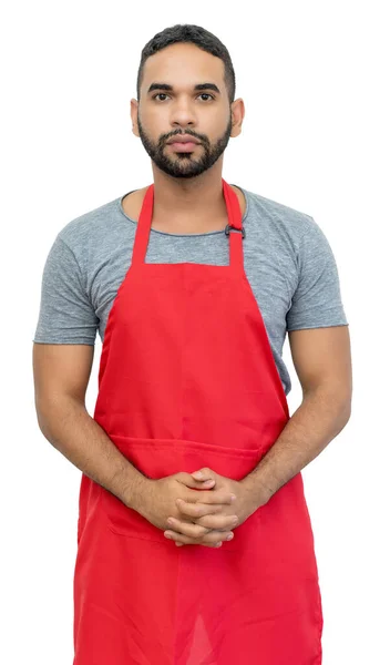 Bonito Escrivão Latino Americano Garçom Chef Com Avental Vermelho Isolado — Fotografia de Stock