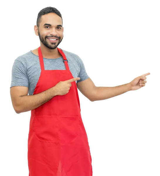 Escriturário Latino Americano Garçom Chef Com Avental Vermelho Apontando Para — Fotografia de Stock