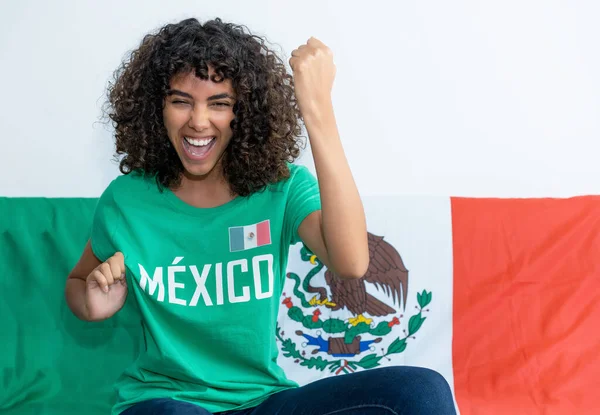 Cheering Mexican Female Soccer Fan Flag Mexico Indoors Home — Stock Photo, Image