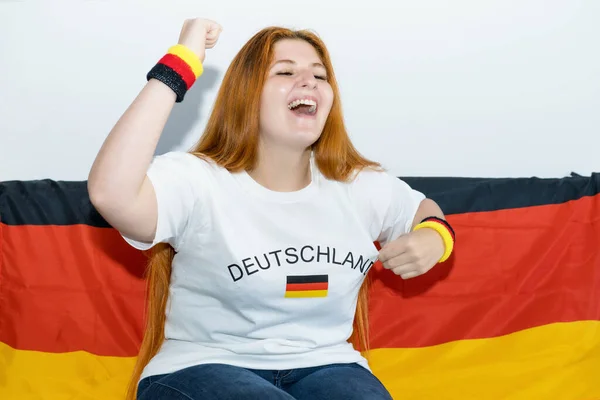 Happy German Female Soccer Fan Flag Germany Watching Game Indoors — Stock Photo, Image