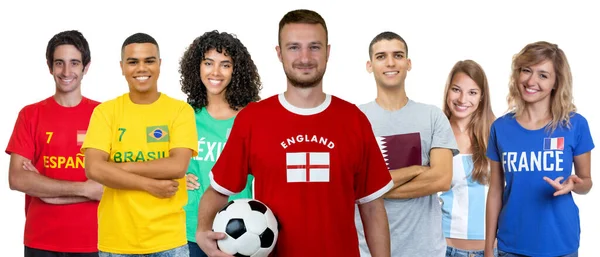 Voetbalfan Uit Engeland Met Supporters Uit Spanje Brazilië Mexico Qatar — Stockfoto