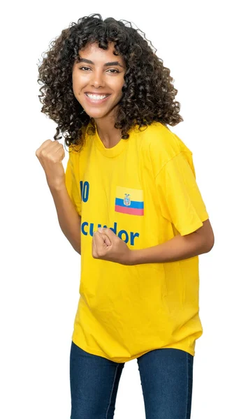 Vrolijke Vrouwelijke Voetbalfan Uit Ecuador Met Gele Trui Geïsoleerd Witte — Stockfoto