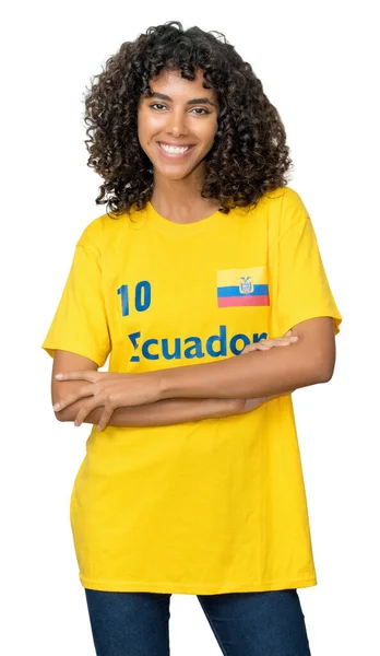 Vacker Kvinnlig Fotbollsfan Från Ecuador Med Gul Jersey Isolerad Vit — Stockfoto
