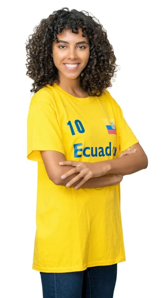 Frumos Fan Fotbal Feminin Din Ecuador Tricou Galben Izolat Fundal — Fotografie, imagine de stoc