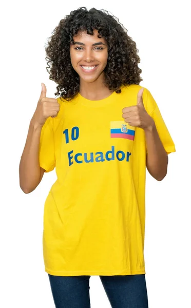 Skrattar Kvinnliga Fotbollsfan Från Ecuador Med Gul Tröja Isolerad Vit — Stockfoto