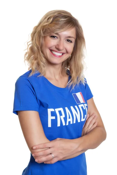 Happy French Female Football Fan Blue Jersey Isolated White Background — Stock Photo, Image