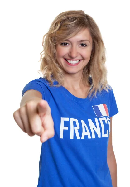 Ganska Fransk Kvinnlig Fotboll Fläkt Med Blå Jersey Isolerad Vit — Stockfoto