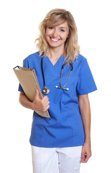 Laughing German Female Nurse File Patient Isolated White Background Cut — Stock Photo, Image