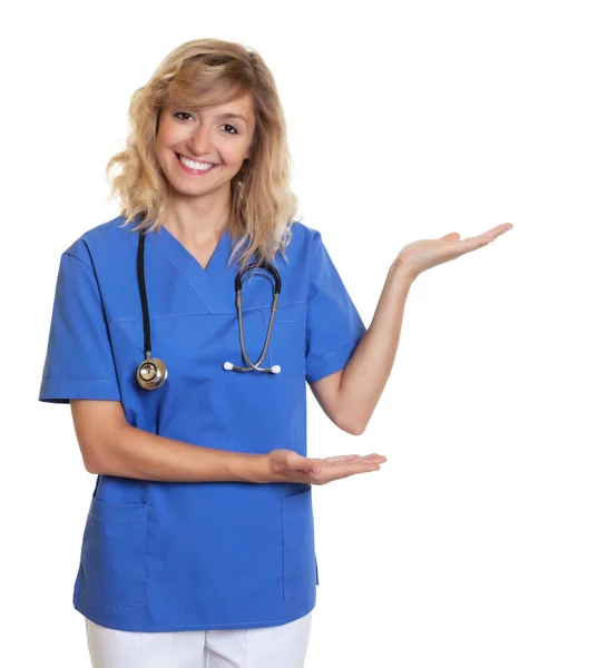 Presenting Blond Lemale Nurse Stethoscope Isolated White Background Cut Out — Stock Photo, Image