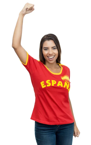 Cheering Young Adult Soccer Fan Spain Red Jersey Isolated White — Stock Photo, Image