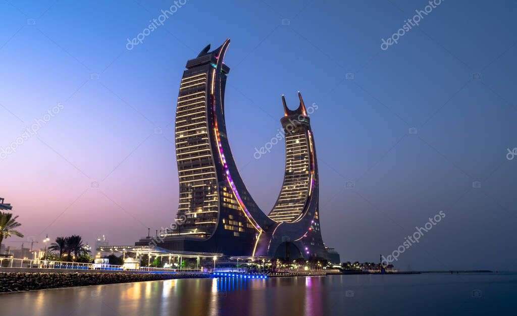 Lusail, Qatar- June 06, 2022: The crescent tower in the newly developing city lusail in Qatar.