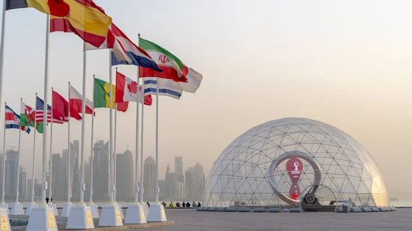 Doha, Qatar- July 03, 2022 : FIFA World Cup Qatar 2022 Official Countdown Clock at the corniche