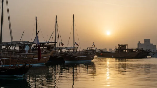 Multiple Wooden Traditional Fishing Dhows Docked Doha Corniche — Stock Fotó