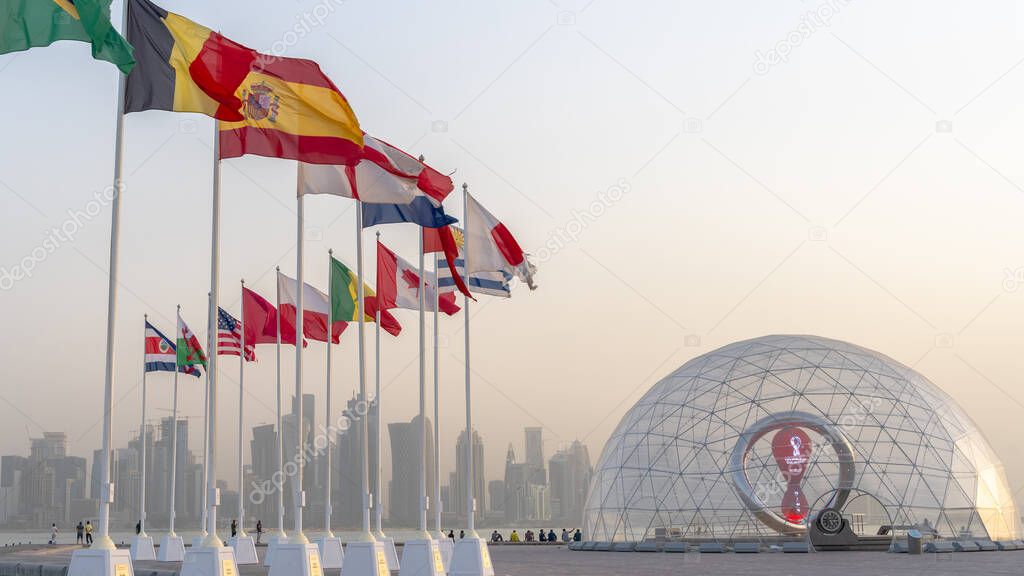 Doha, Qatar- July 03, 2022 : FIFA World Cup Qatar 2022 Official Countdown Clock at the corniche