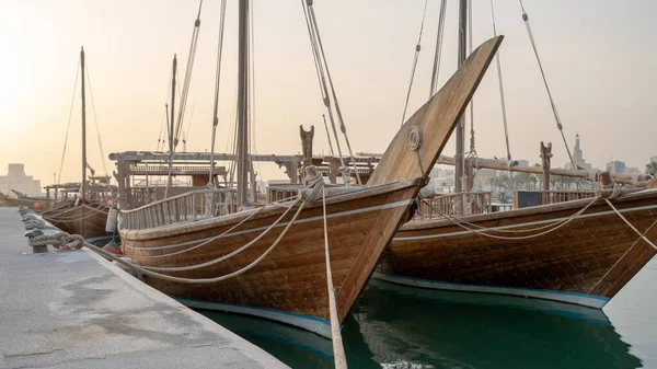 Multiple Wooden Traditional Fishing Dhows Docked Doha Corniche — Stock Fotó