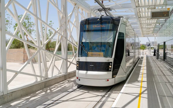 Qatar Education city, Doha ,Qatar - June 06, 2022 : tram at a tram station in education city.