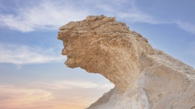 Zekreet, Katar - 12 Aralık 2021 Zekreet Çölü 'nde mantar şekilli kireç taşı kayaları.