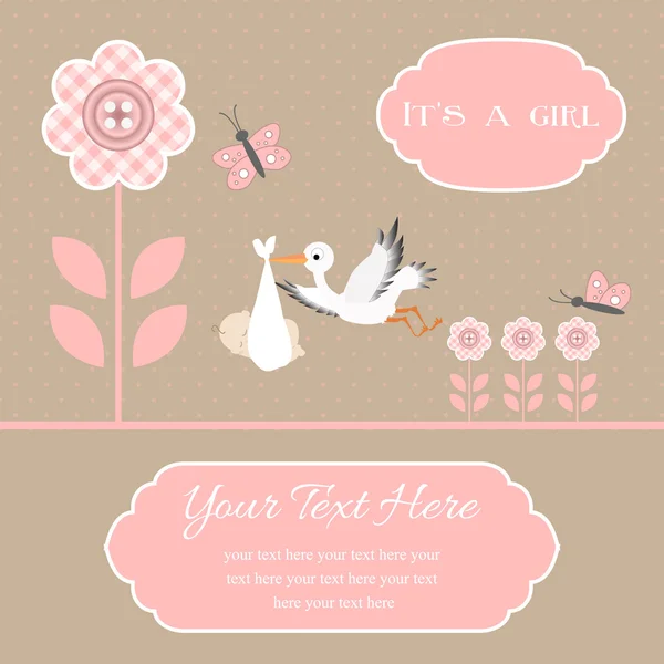 Cartão de banho de bebê para menina, flores de botão com cegonha —  Vetores de Stock